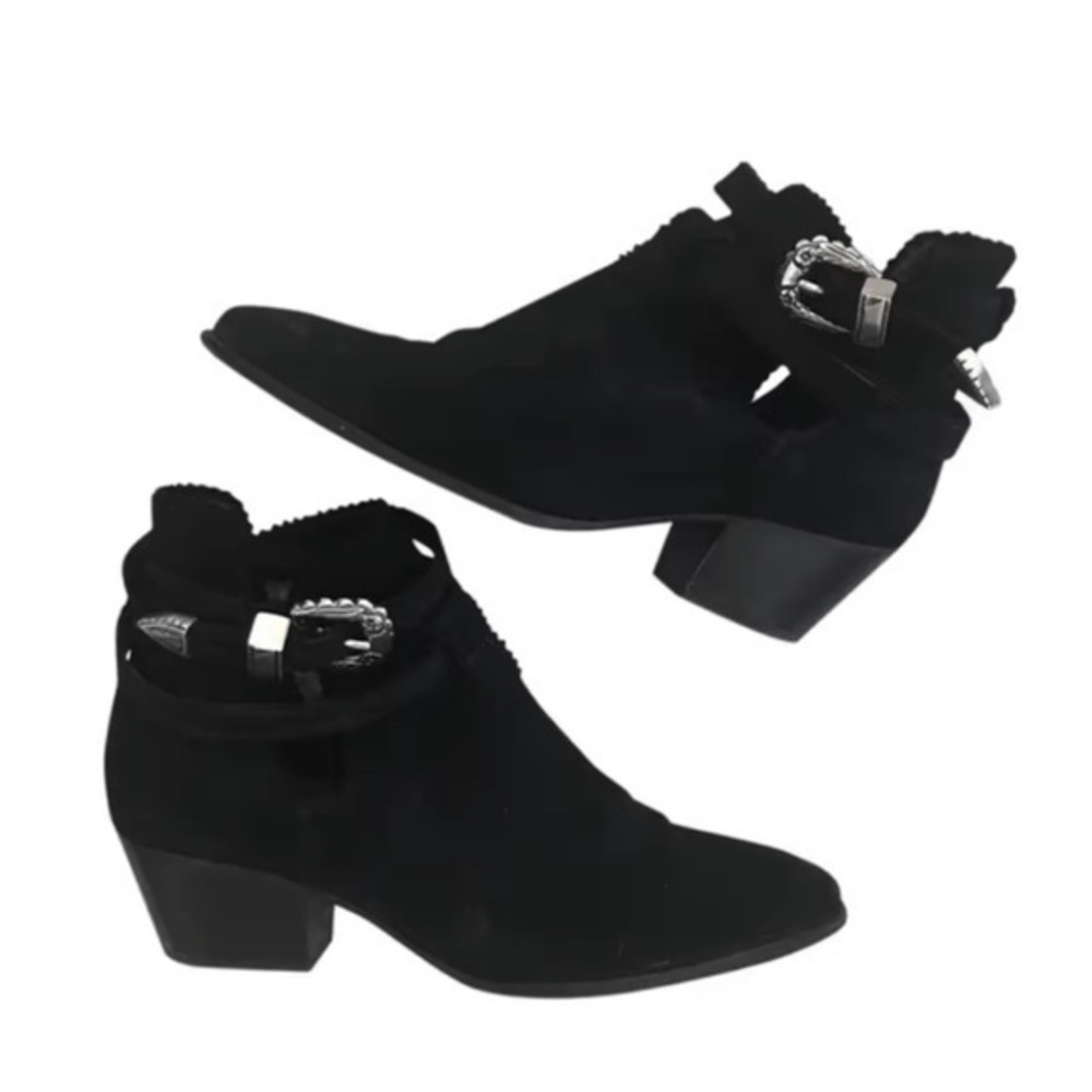 Sandro Black Suede Ankle Boots with Silver Buckle
